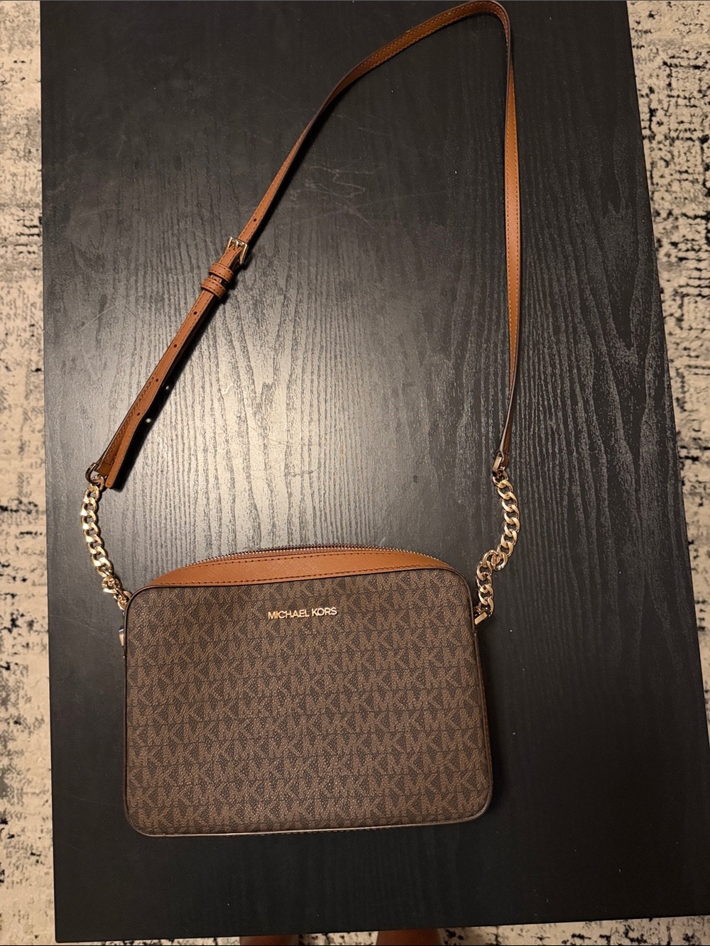 Michael Kors Brown Signature MK Crossbody with Gold Chain